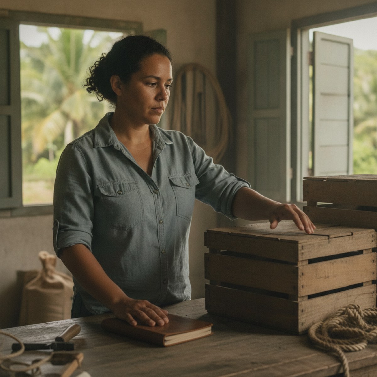 A Portuguese-Guyanese woman standing at her own worktable in bright morning light, one hand on a closed notebook, counting stacked crates in front of her.